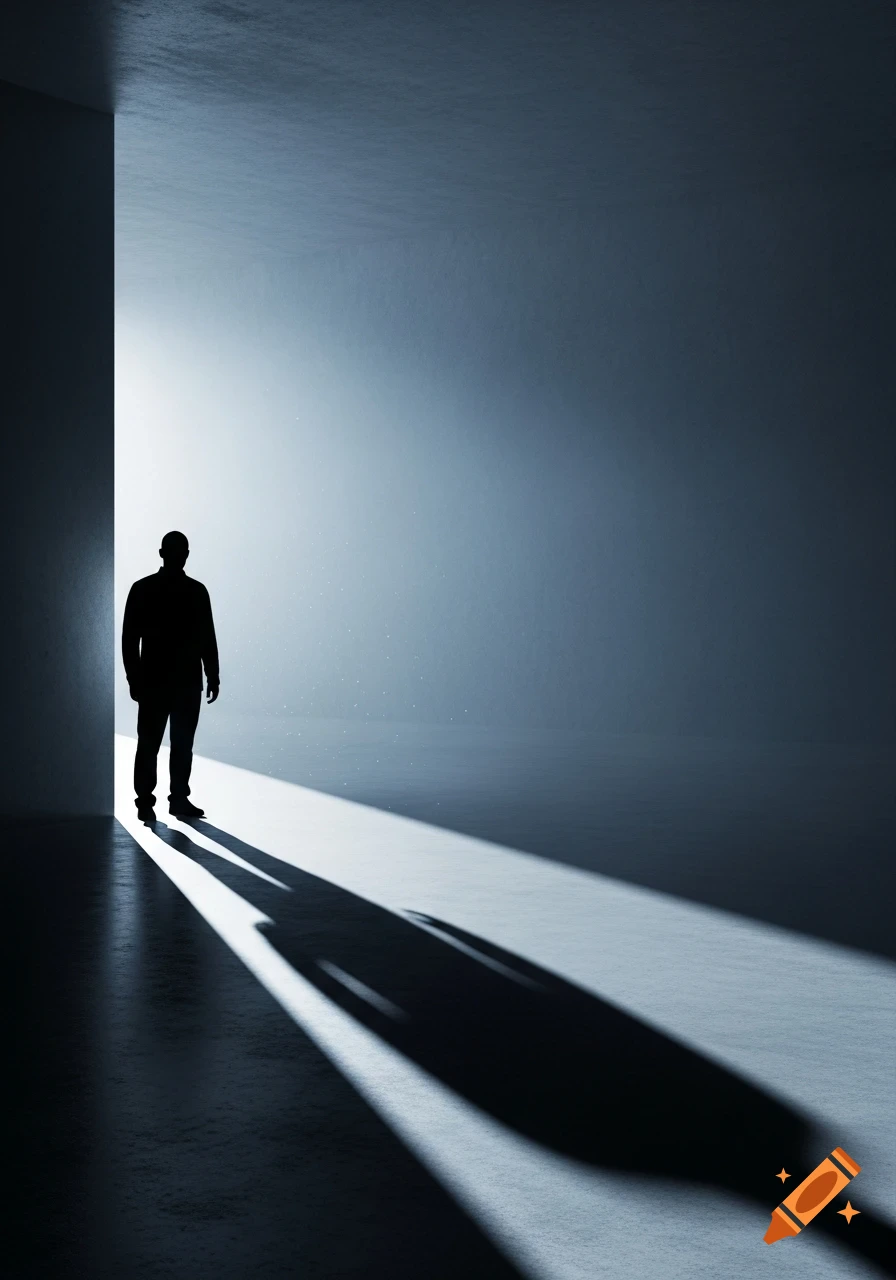 A man's silhouette stands in a bright doorway, casting a long, dramatic shadow on the floor.