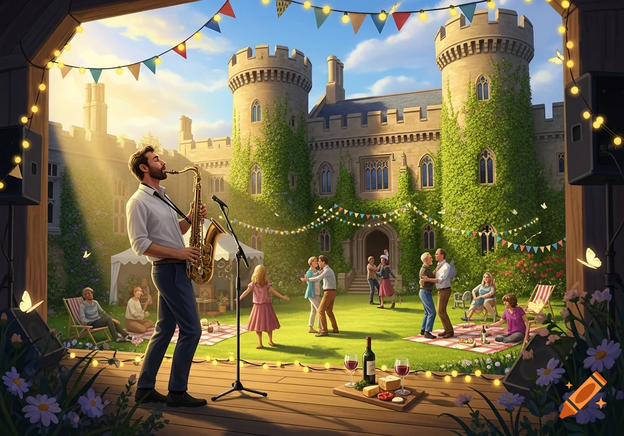 A man plays saxophone on a stage at a jazz festival, with people dancing and picnicking on a lawn in front of a castle at sunset.