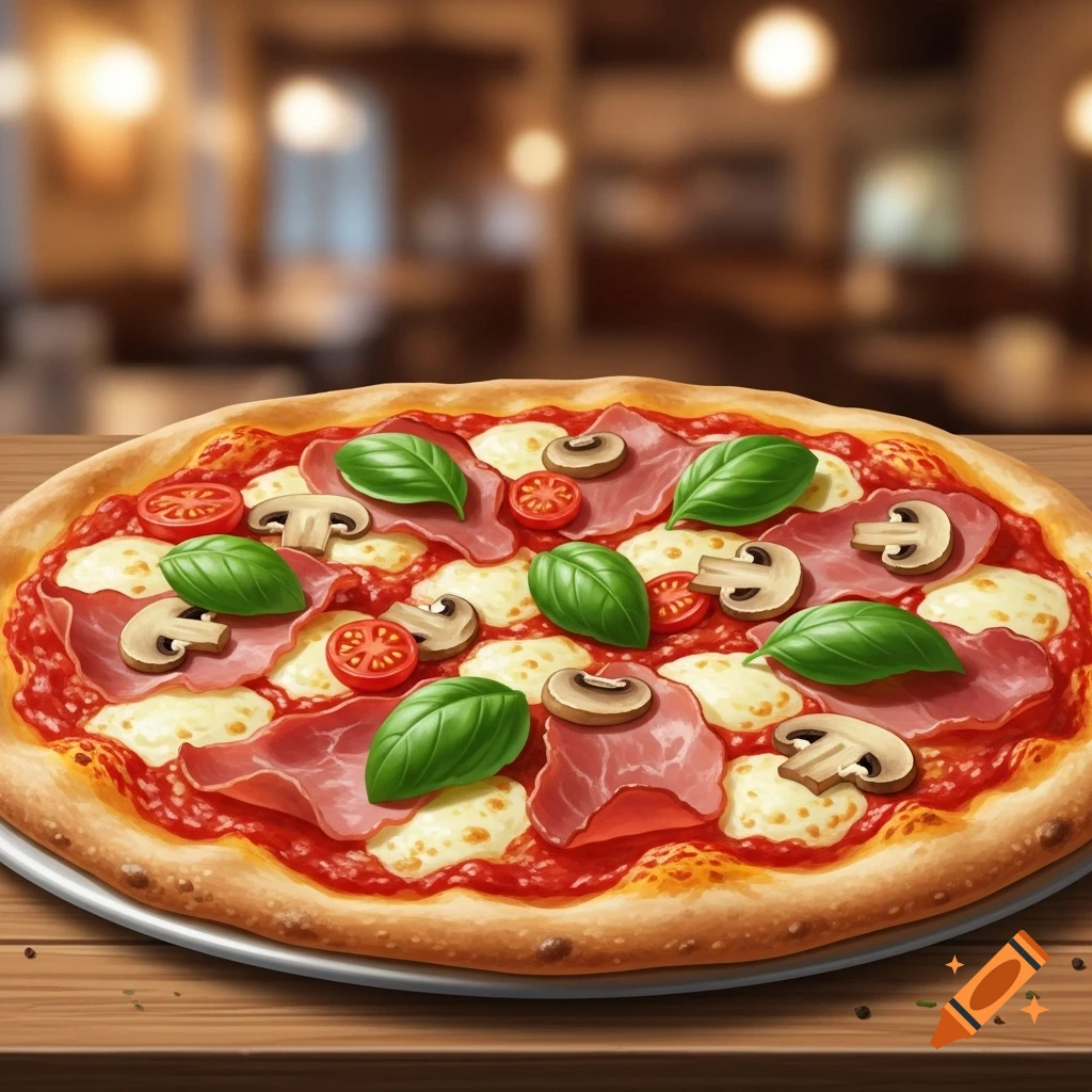 A delicious pizza topped with ham, mozzarella, sliced mushrooms, cherry tomatoes, and fresh basil, on a wooden table in a restaurant.