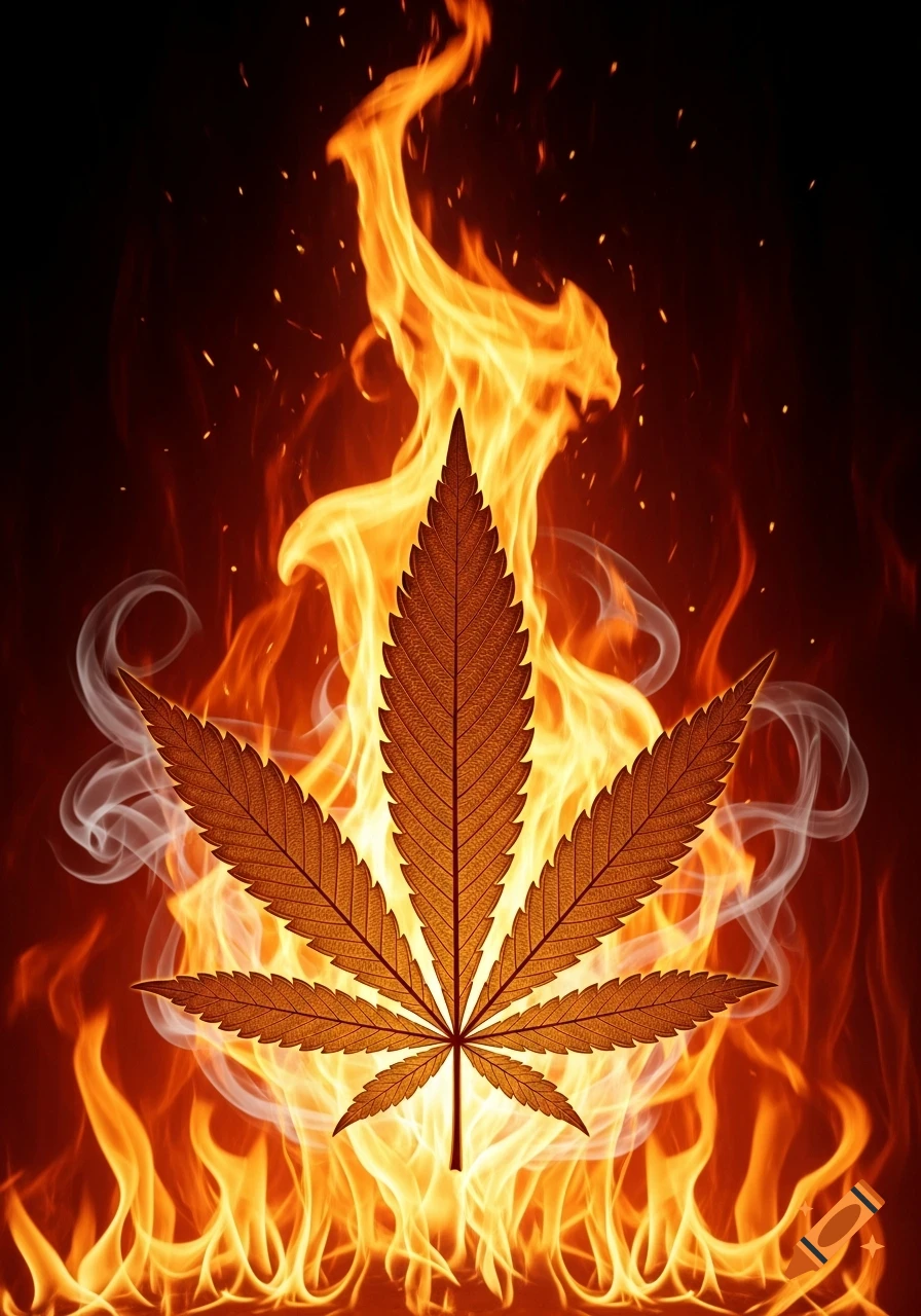 A detailed cannabis leaf in warm brown and orange tones with bright, vibrant flames rising behind it against a dark background, and wisps of smoke on the sides.