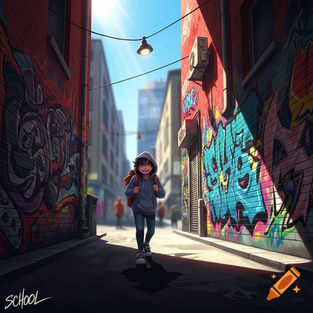 A smiling young person with a backpack walks down a sunlit, graffiti-covered urban alley.