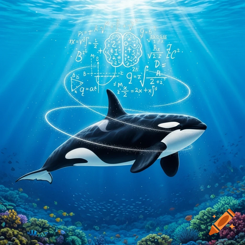 A large orca swims in clear blue ocean water above a coral reef, with mathematical equations and a brain graphic floating above its head.