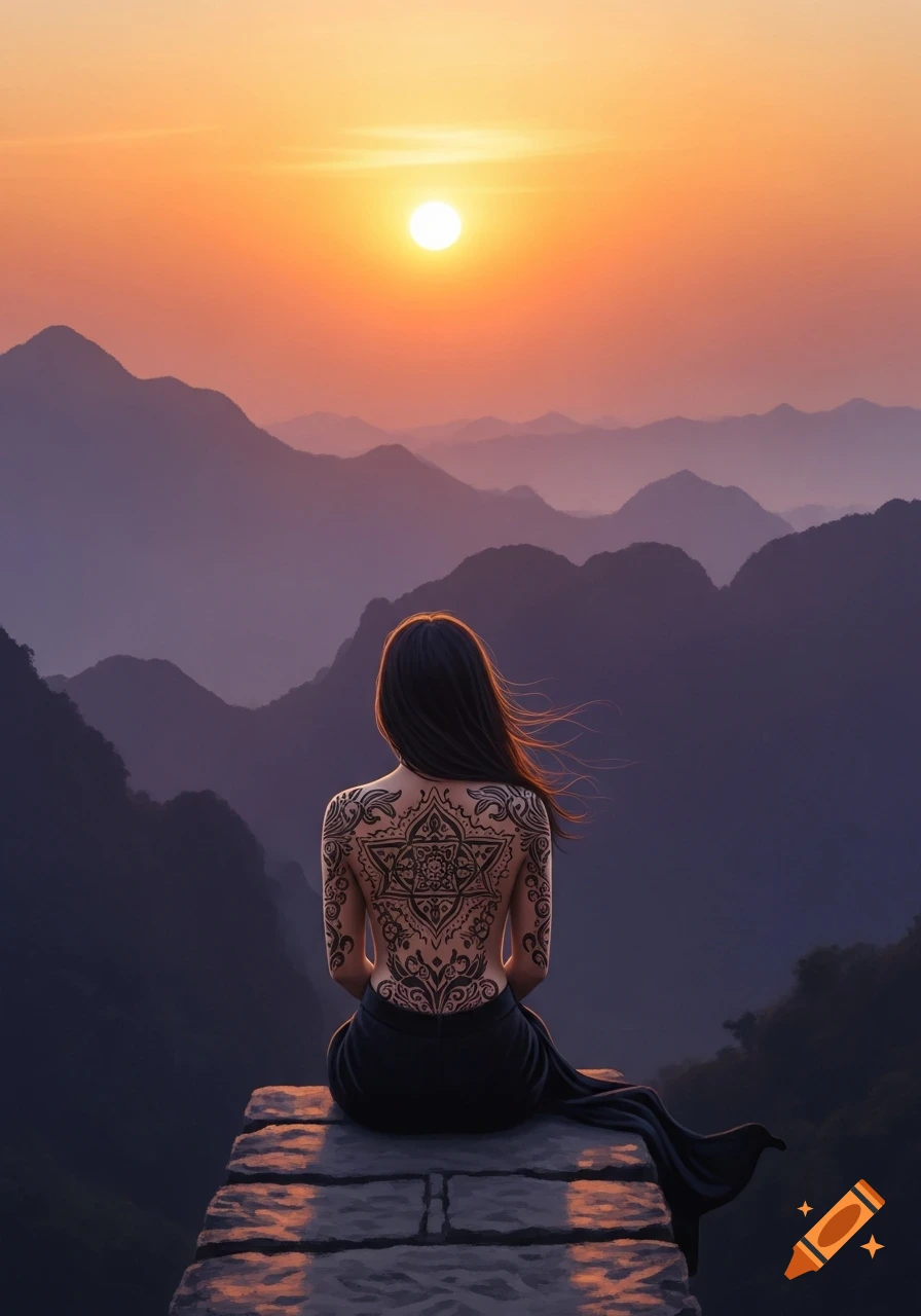 A woman with intricate back tattoos sits on a ledge, gazing at misty mountain ranges under an orange sunset.