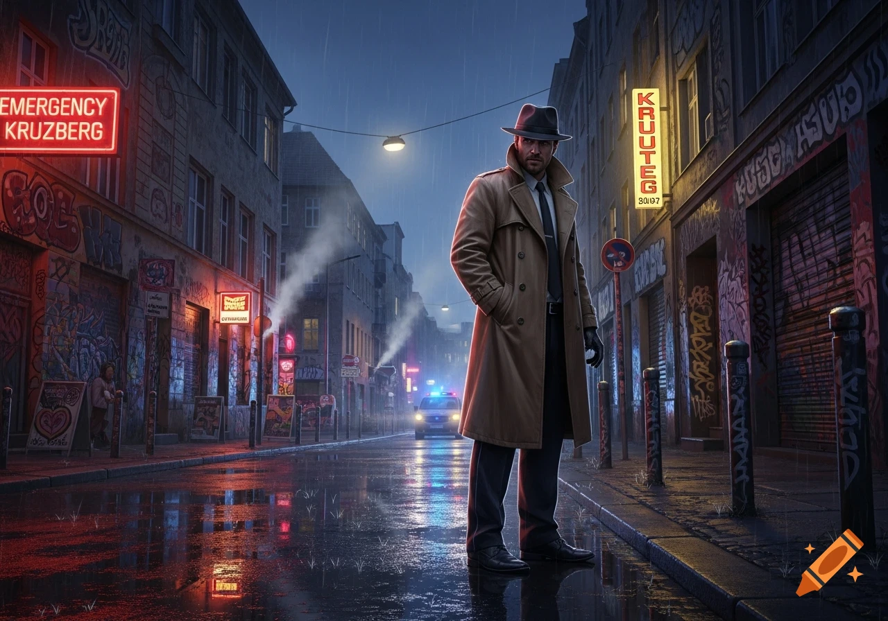 A man in a trench coat and fedora stands on a rainy city street at night, with neon signs and a police car in the background, in a noir style.