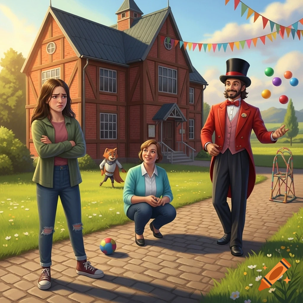 A sad girl and a smiling woman watch a magician juggling colorful balls. A cartoon fox stands nearby, in front of a brick house.