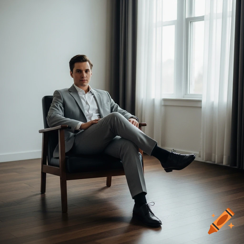 A man in a grey suit sits with crossed legs in an armchair in a modern room with a large window.