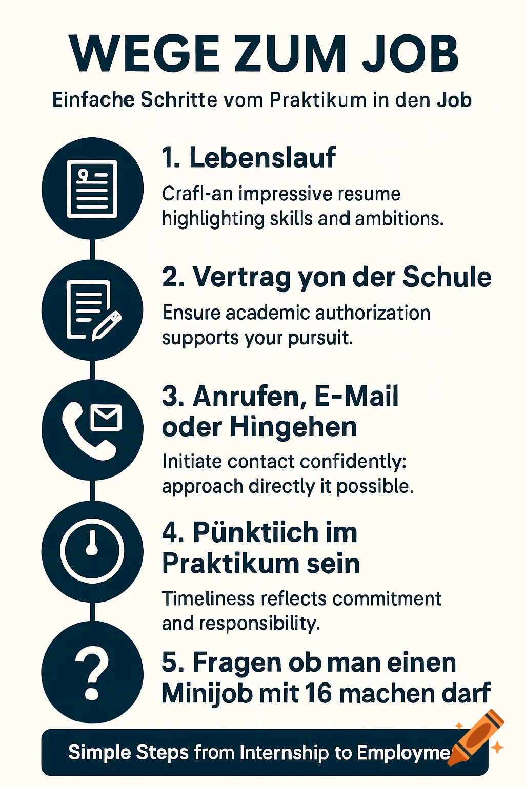 A vertical infographic titled "WEGE ZUM JOB" (Paths to the Job) with five steps: Lebenslauf (Resume), Vertrag von der Schule (Contract from School), Anrufen, E-Mail oder Hingehen (Call, Email, or Go In Person), Pünktliich im Praktikum sein (Be Punctual in Internship), and Fragen ob man einen Minijob mit 16 machen darf (Ask if you can do a Minijob at 16).