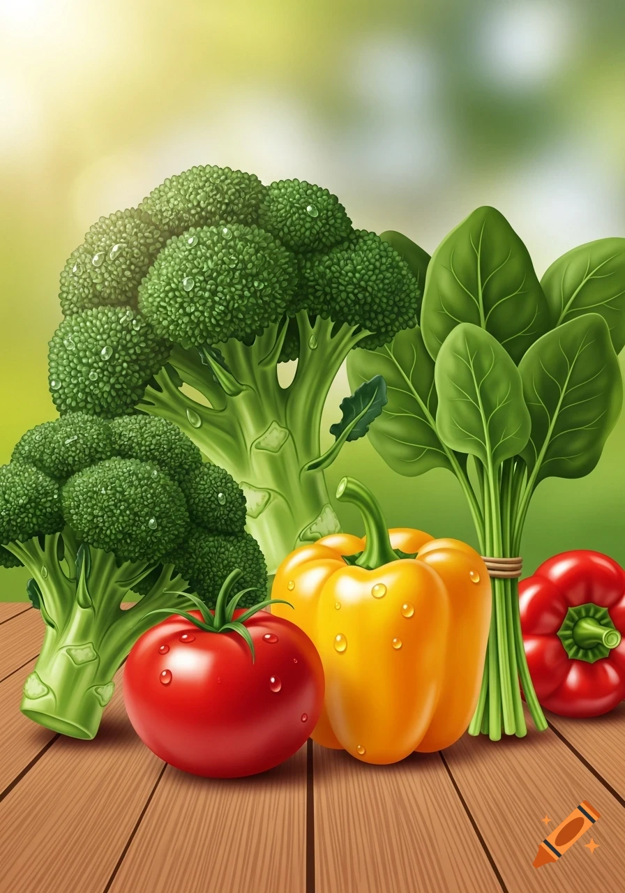 Vibrant arrangement of fresh broccoli, spinach, tomatoes, and bell peppers with water droplets on a wooden table.