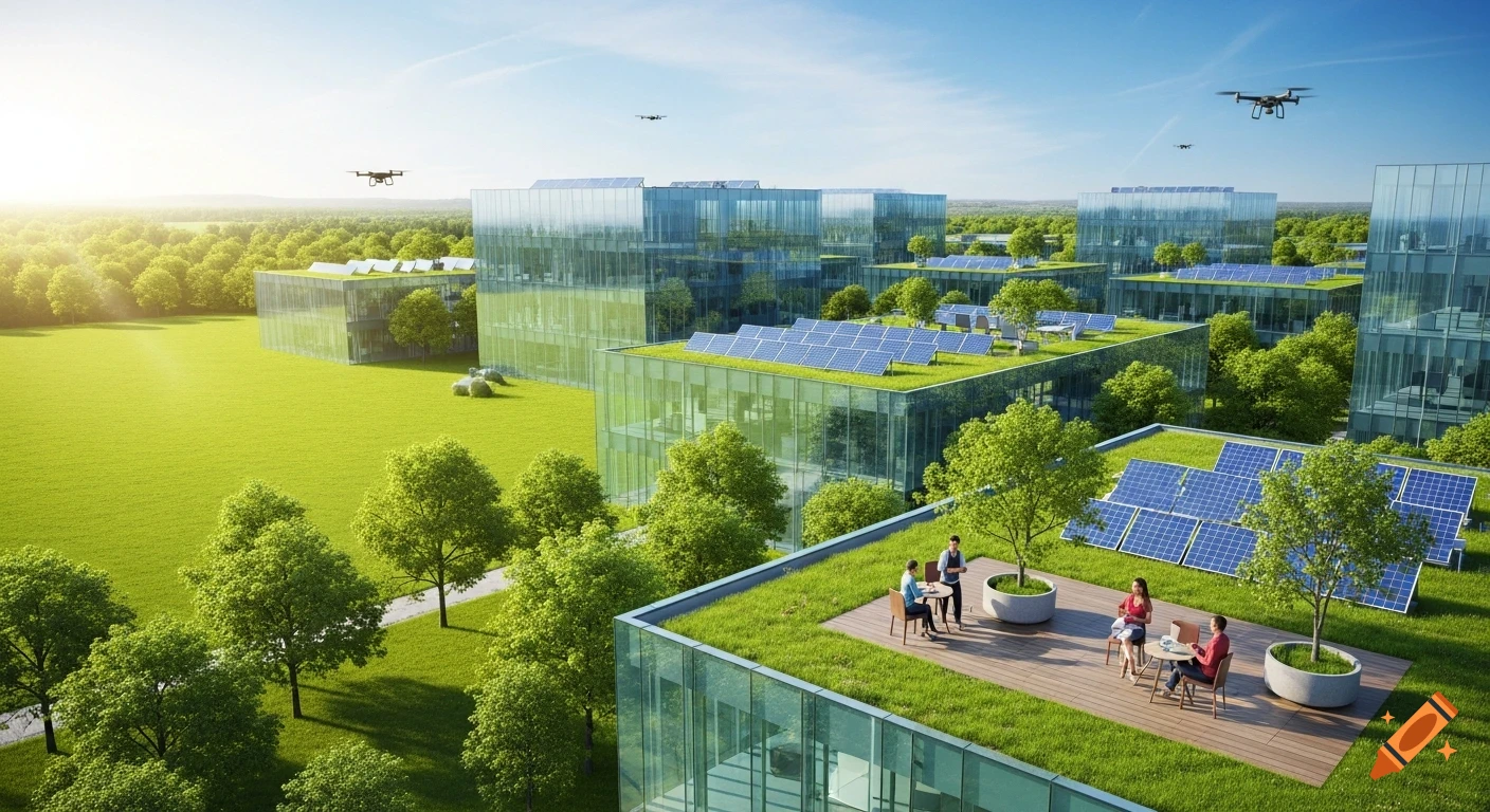 Photorealistic aerial view of modern green buildings with solar panels, rooftop gardens, and drones above lush fields.