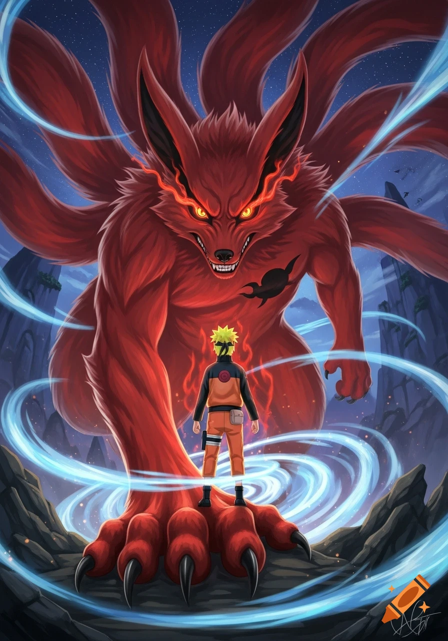 Naruto faces the giant, red, nine-tailed fox Kurama amidst swirling blue energy in a dramatic anime illustration.