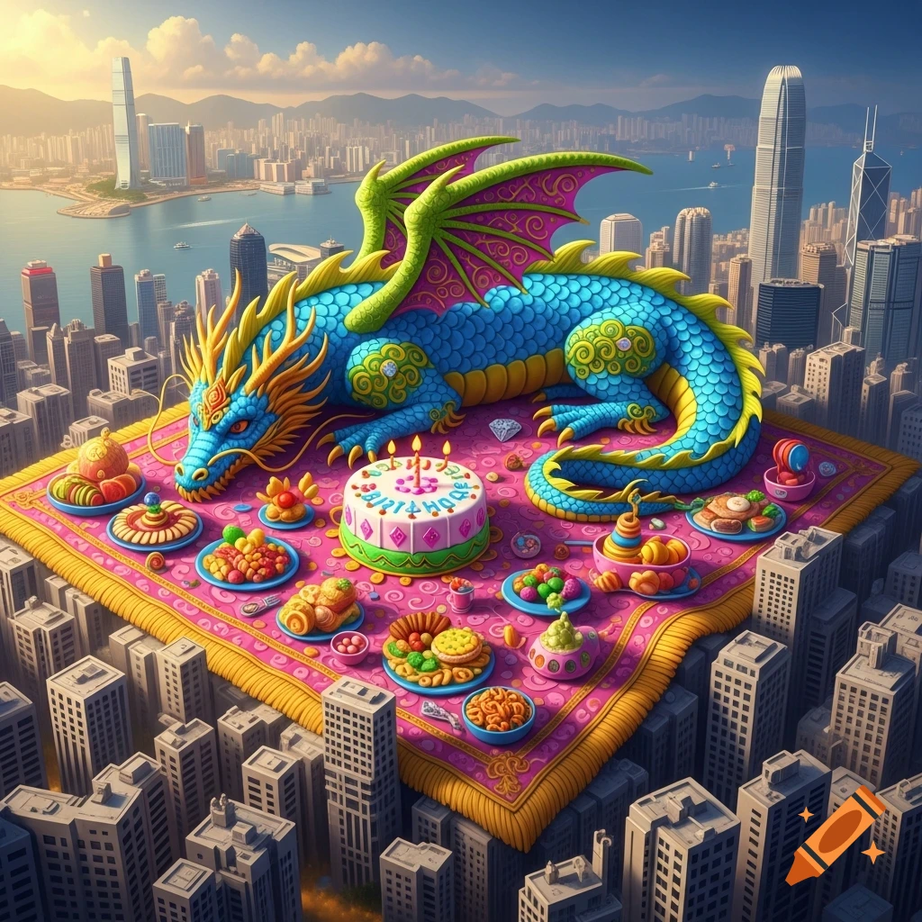 A vibrant, cartoonish blue and green dragon celebrating a birthday picnic on a rug above Hong Kong city, filled with colorful food.