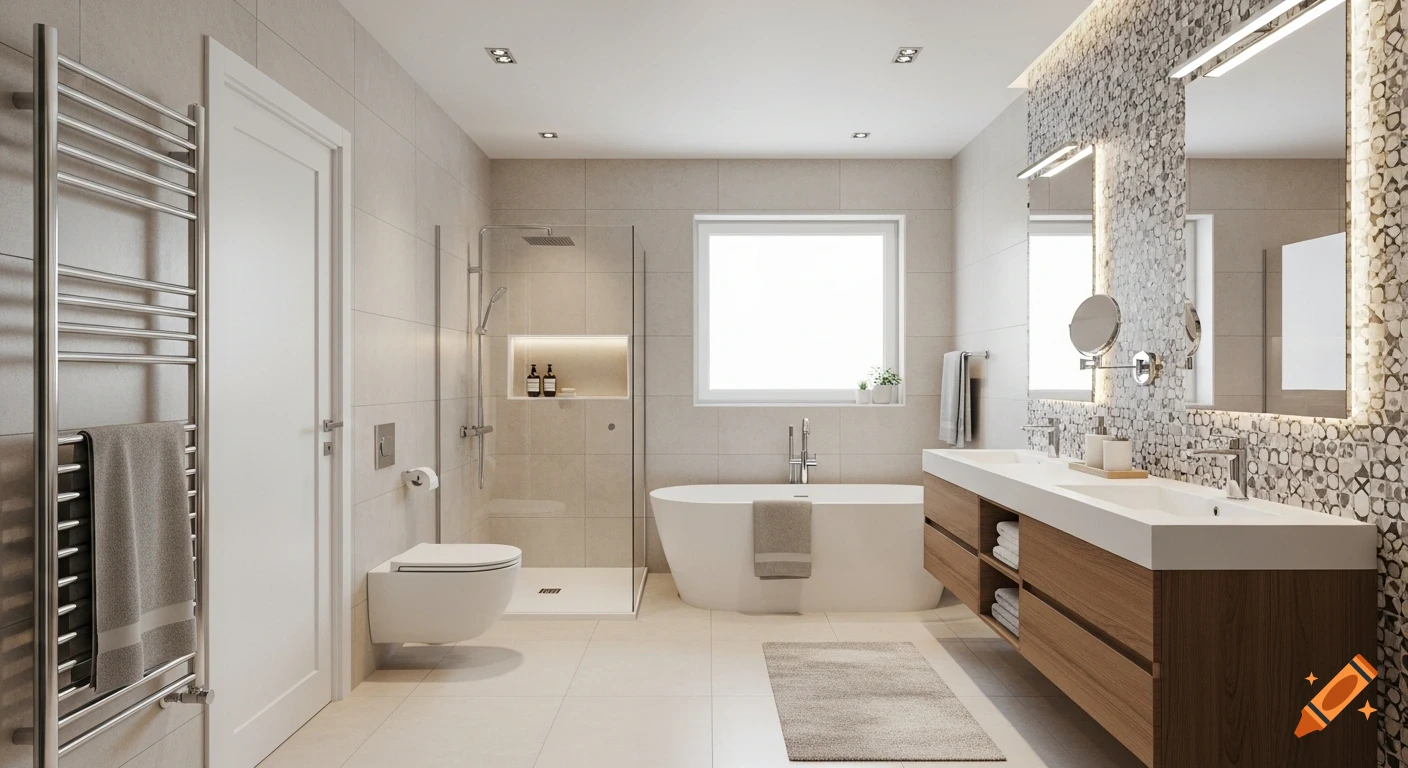 A bright, modern bathroom with a white freestanding bathtub, glass shower, toilet, double sink vanity, and a large window.