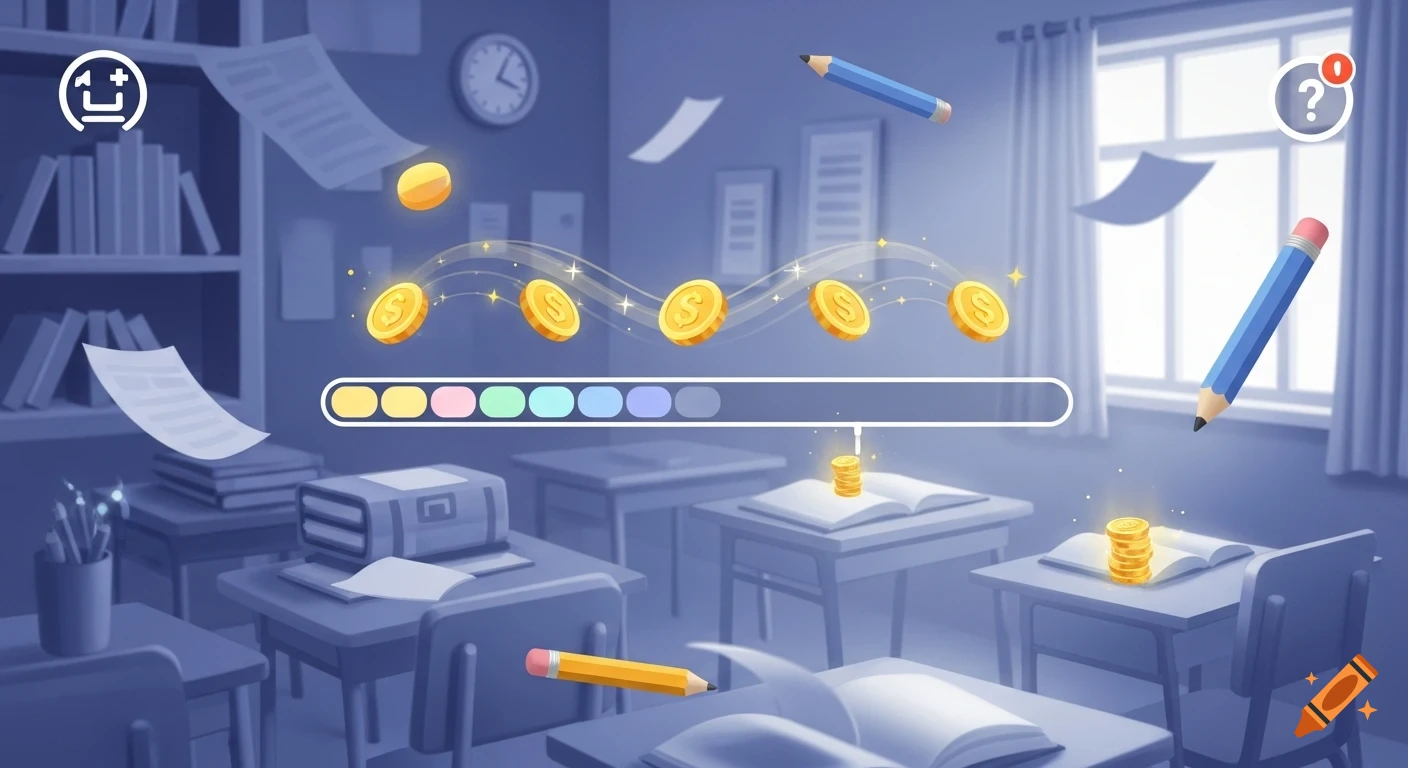 A stylized classroom scene with floating golden coins, pencils, papers, a progress bar, and game UI icons, suggesting an educational game.
