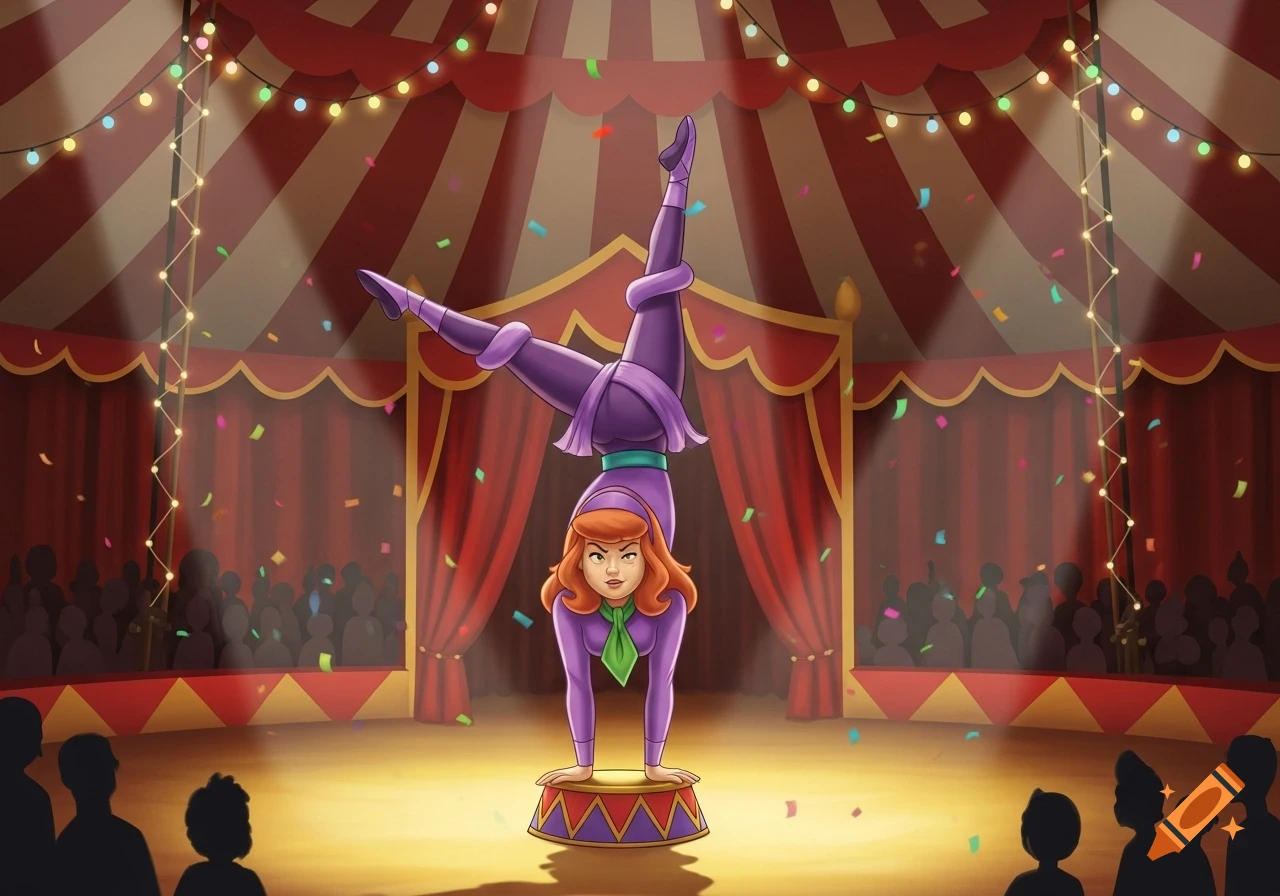 Cartoon illustration of Daphne from Scooby-Doo performing a contortionist handstand in a circus tent with confetti.