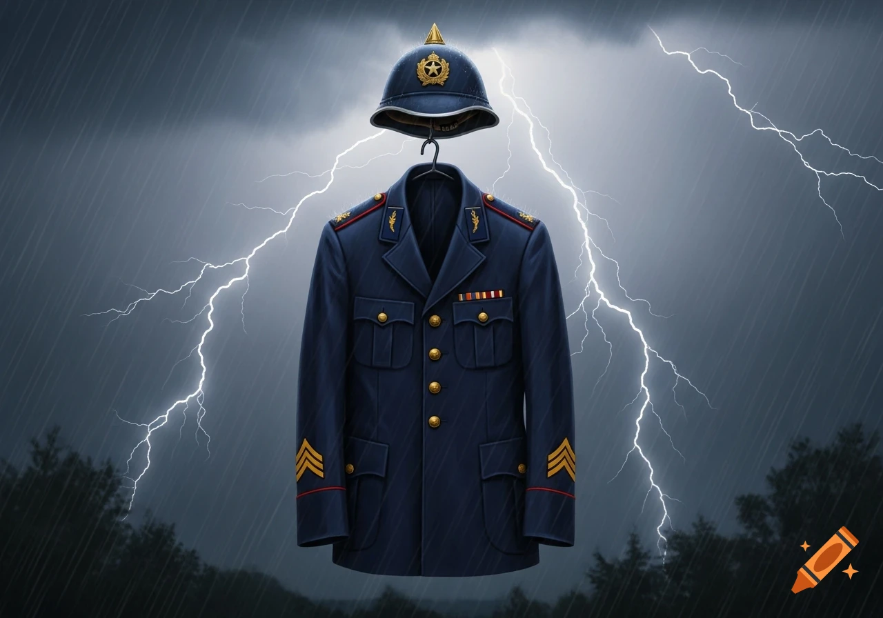 A dark blue military uniform and helmet hang against a stormy sky with bright lightning and falling rain.