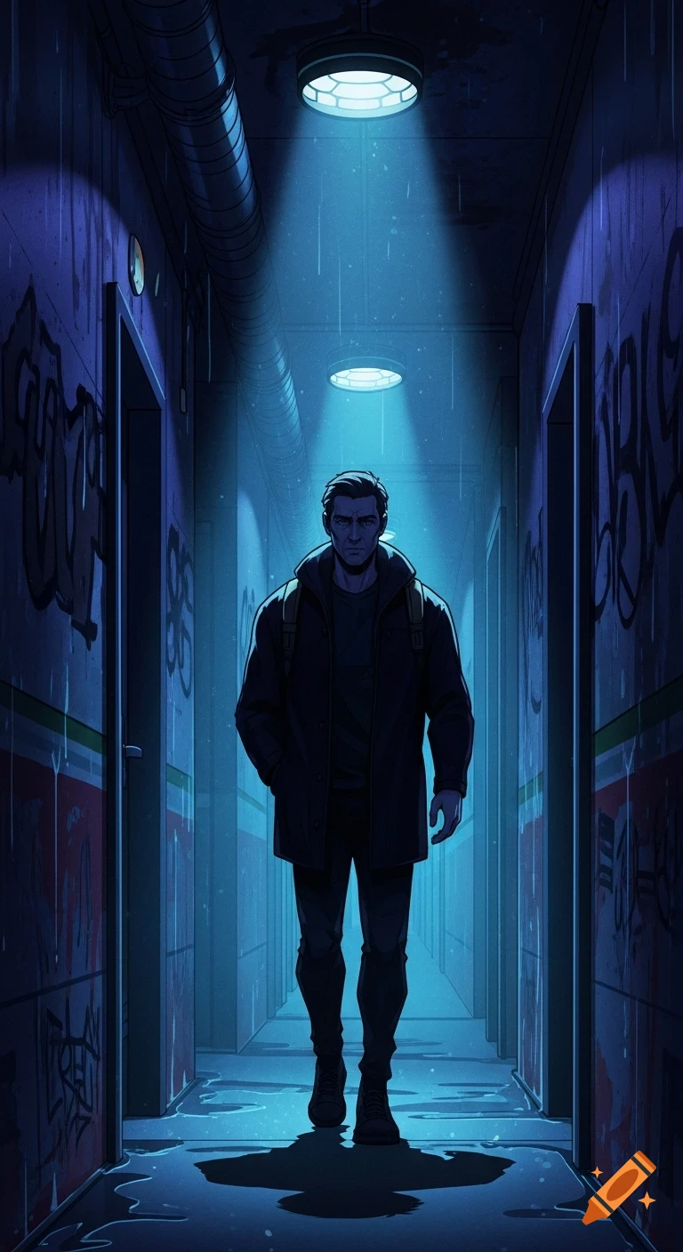 Animated man with a backpack walks down a dark, rainy dystopian corridor with graffiti, bathed in blue light.
