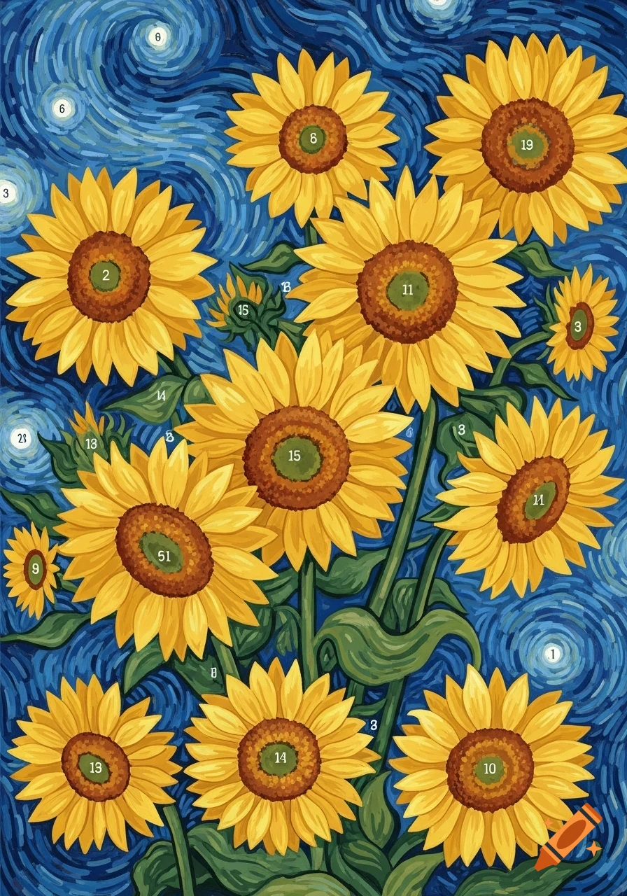 A vibrant paint-by-number style artwork of sunflowers against a swirling blue, Van Gogh-inspired sky, with numbers and letters marking areas.