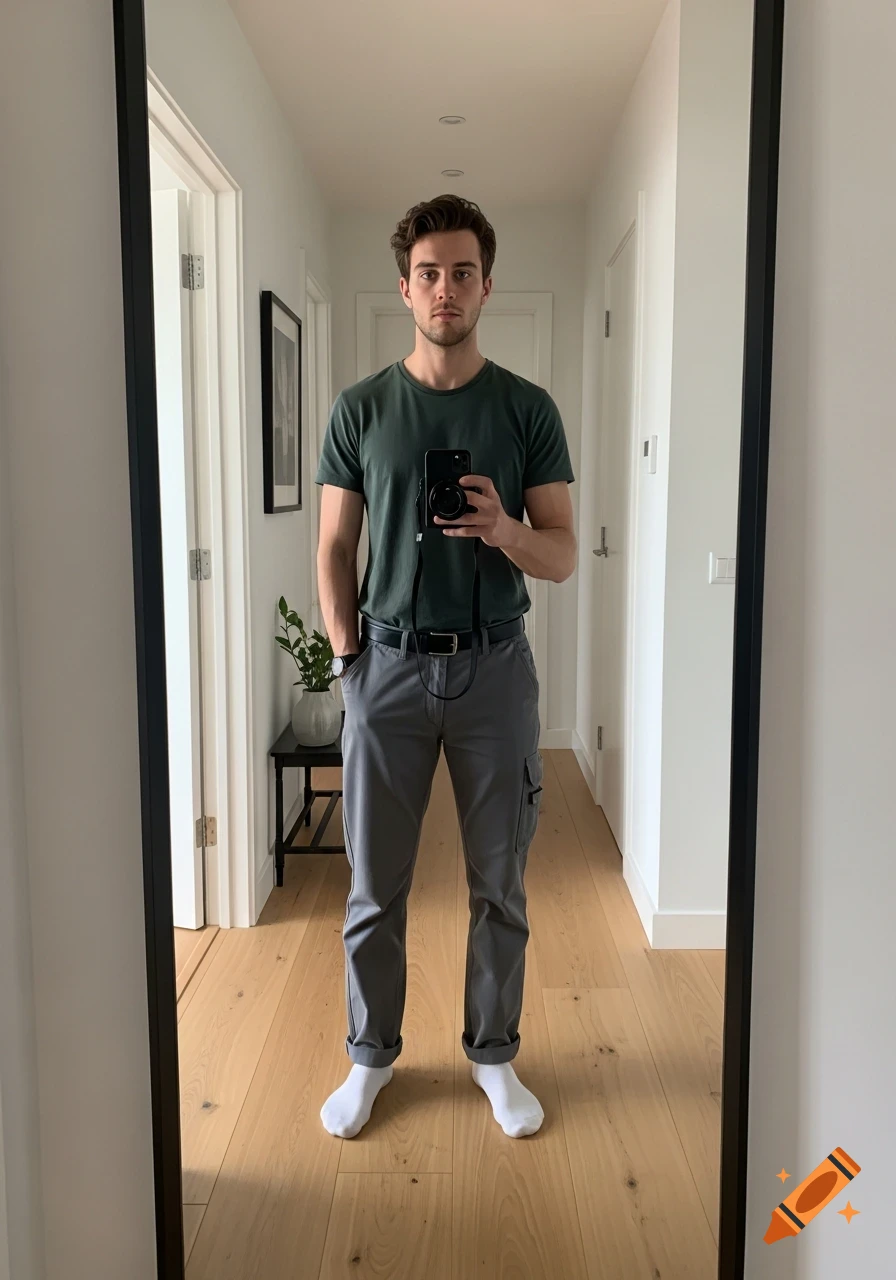 A young man in a dark green t-shirt and grey cargo pants, wearing white socks, takes a mirror selfie in a hallway with a wooden floor.