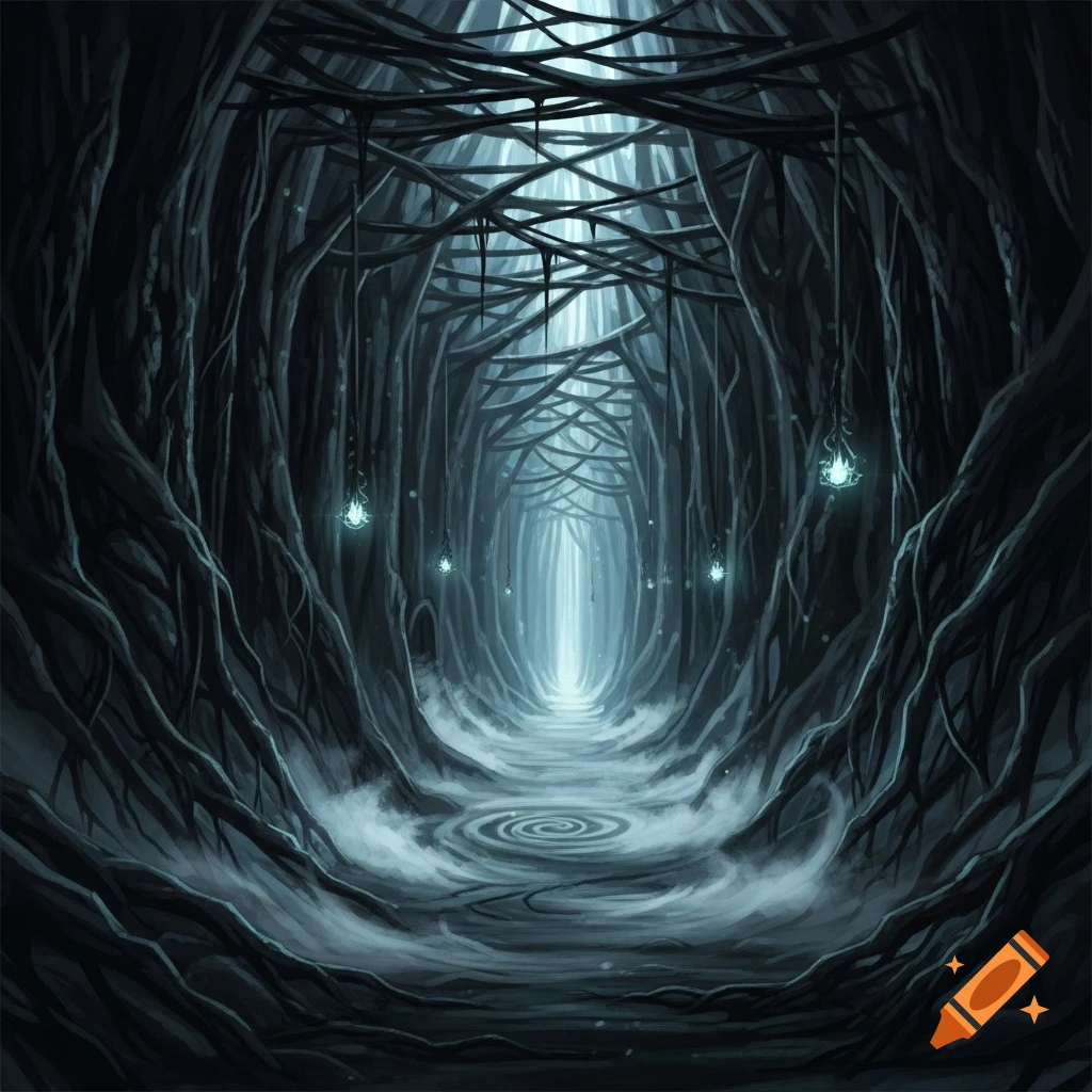 A dark, eerie fantasy cave tunnel with glowing blue orbs and tangled roots, leading to a bright light at the end, in a digital art style.