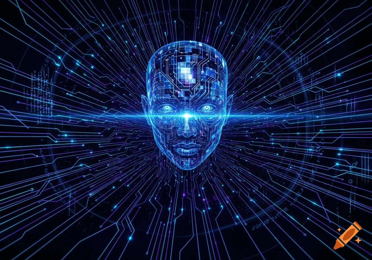 A glowing blue, circuit-patterned human head emerges from a dark background filled with radiating blue and purple data lines and nodes in a digital art style.