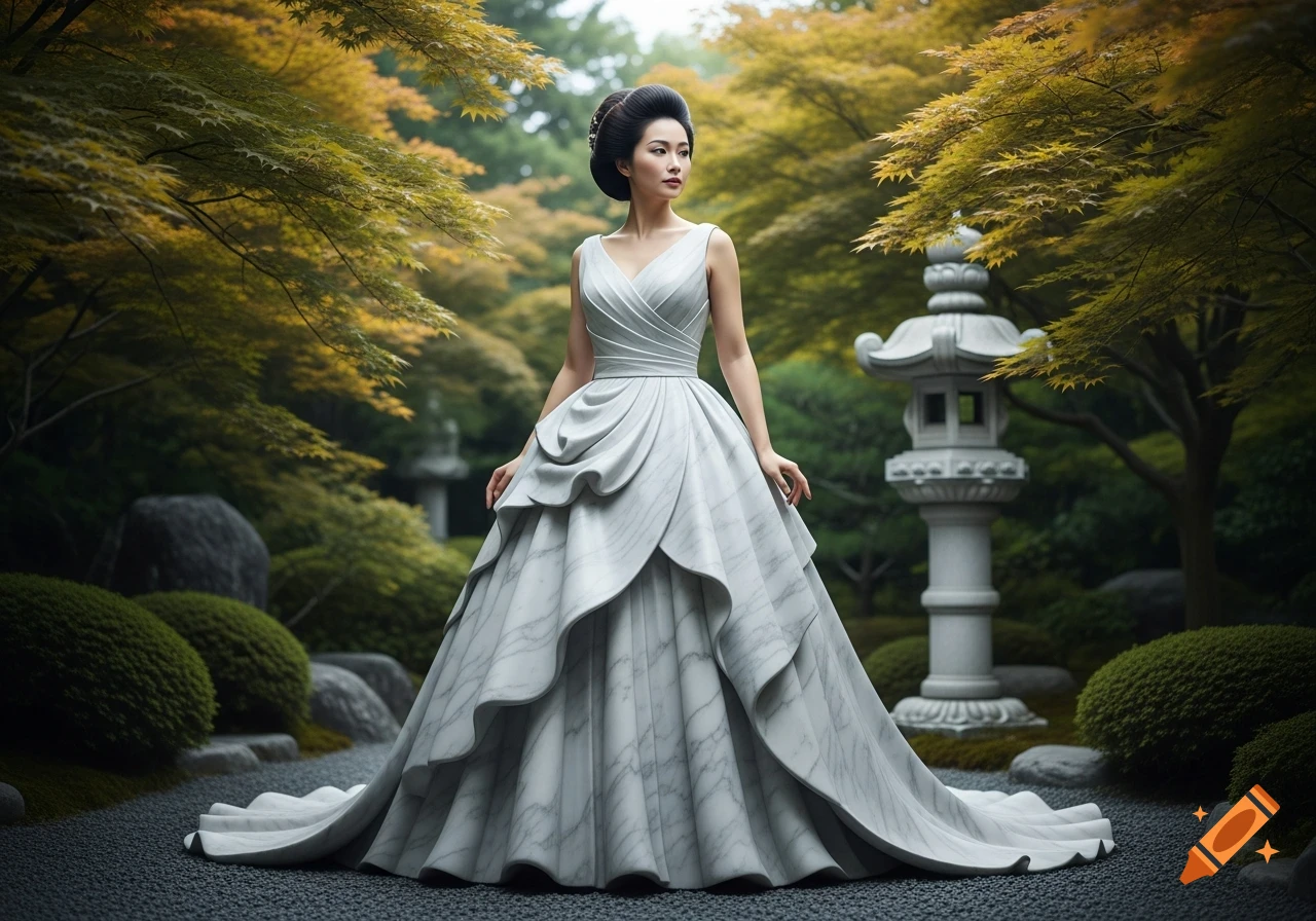 A Japanese woman in a white marble dress stands in a serene Japanese garden with autumn foliage and a stone lantern.