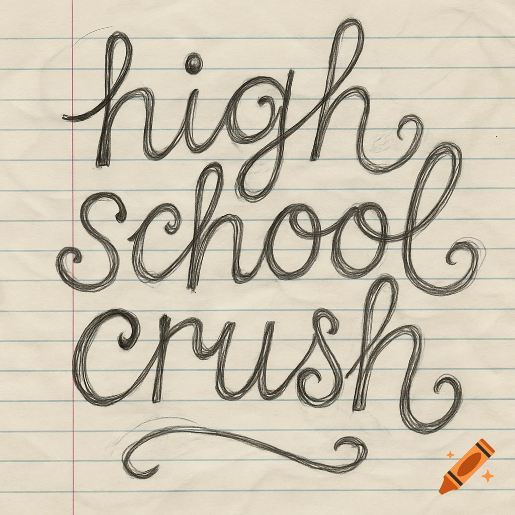 Handwritten text 'high school crush' in a messy, scribbled style on lined notebook paper, evoking a nostalgic, youthful doodle.