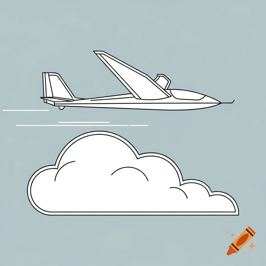 Schematic outline drawing of a glider flying above a cloud against a light blue background.