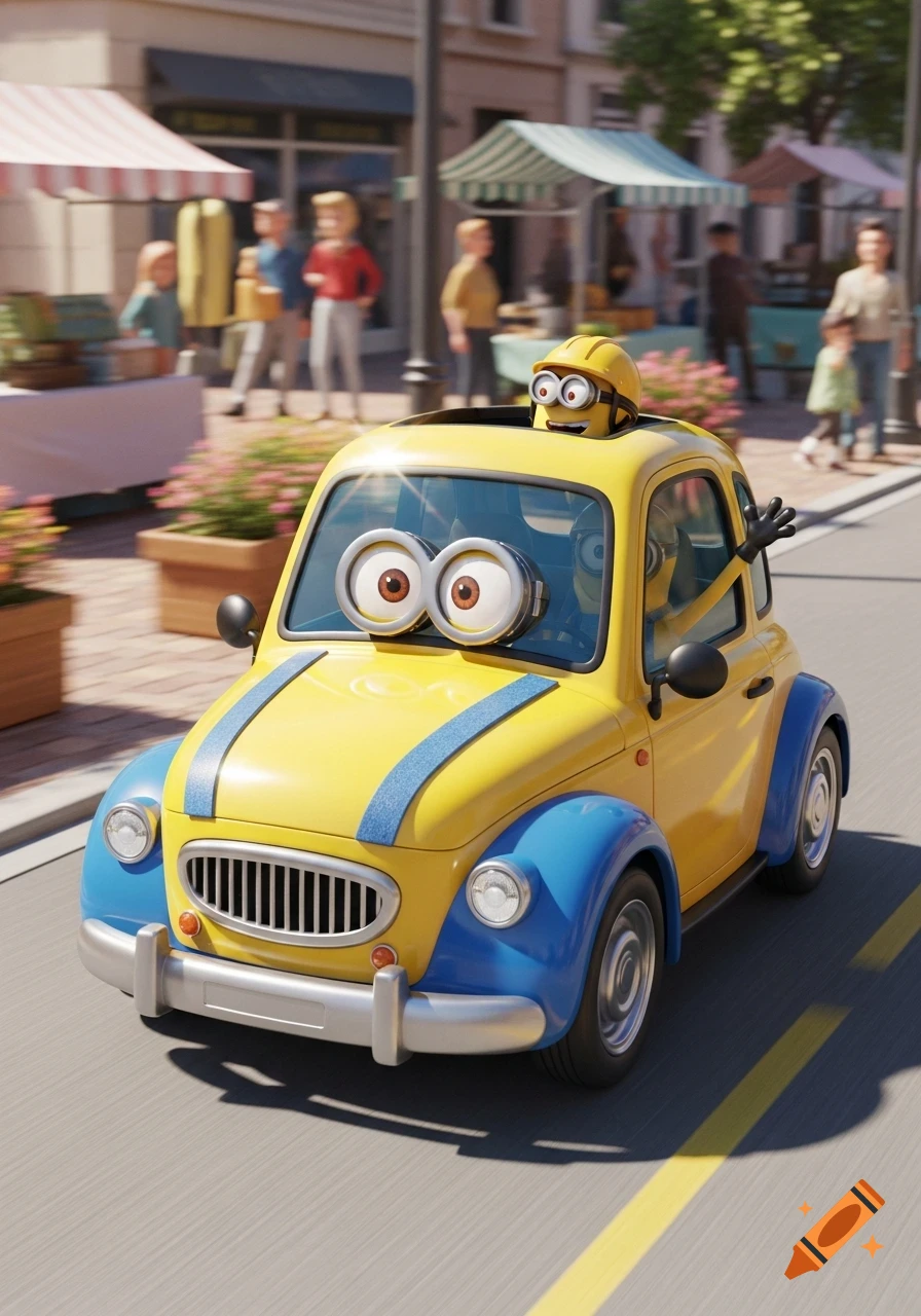 Two Minions in a yellow and blue cartoon car on a busy city street, one driving, one waving from the sunroof.