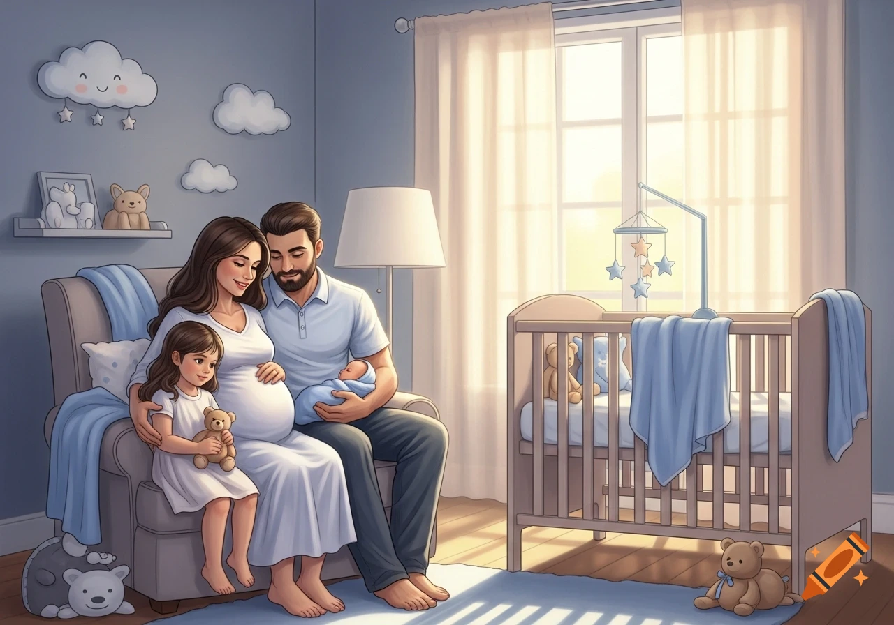 Illustrative scene of a family in a nursery, with a pregnant mother, father holding a newborn, and daughter with a teddy bear.