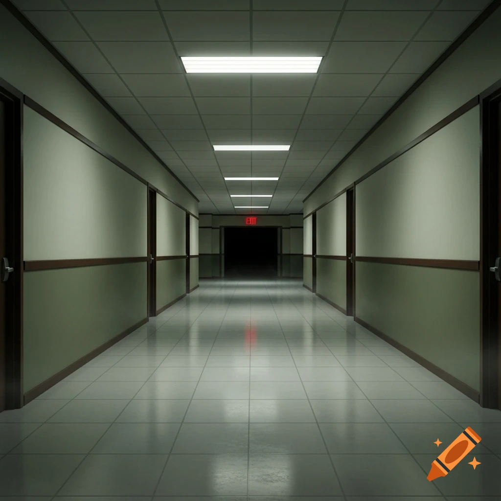 Long, empty hallway with tiled floor, fluorescent ceiling lights, and a red 'EXIT' sign at the dark far end. Photorealistic style.