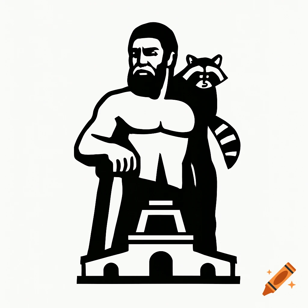 Minimalist black and white logo of a stylized bearded man leaning on a club with a raccoon on his shoulder, standing on a monument.