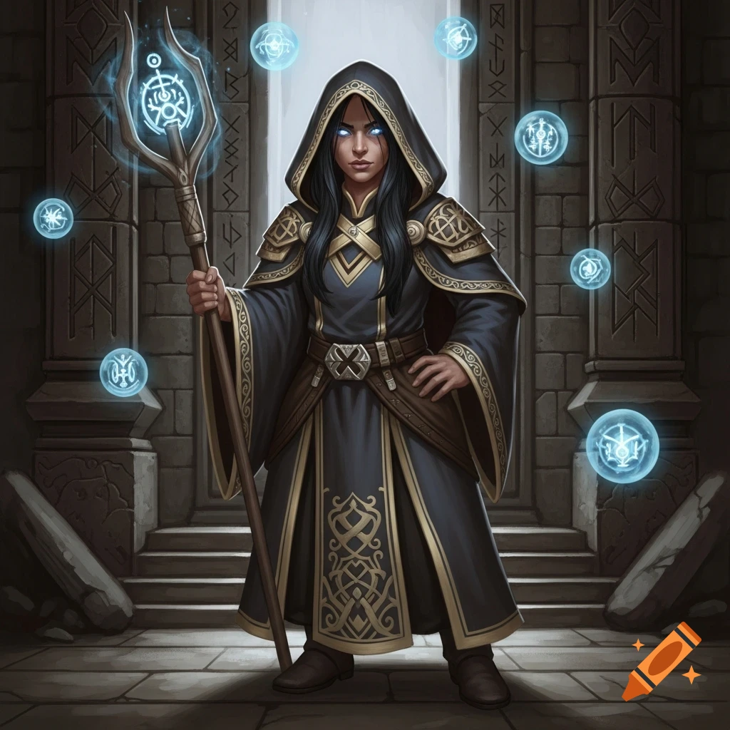 A hooded woman with glowing blue eyes holds a magical staff, surrounded by mystical orbs in a stone hall.