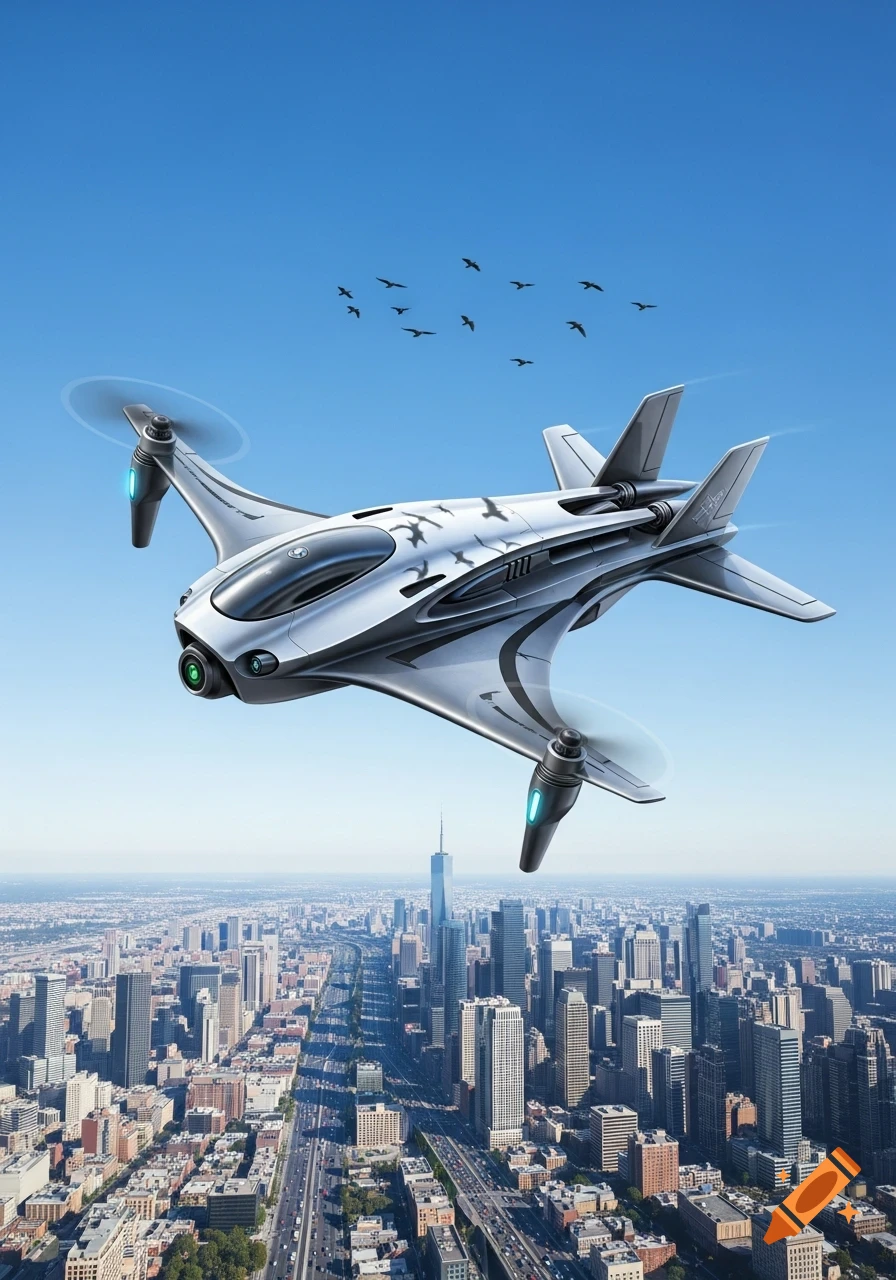 A futuristic silver drone with rotating propellers flies high above a sprawling city with a prominent skyscraper, under a clear blue sky.