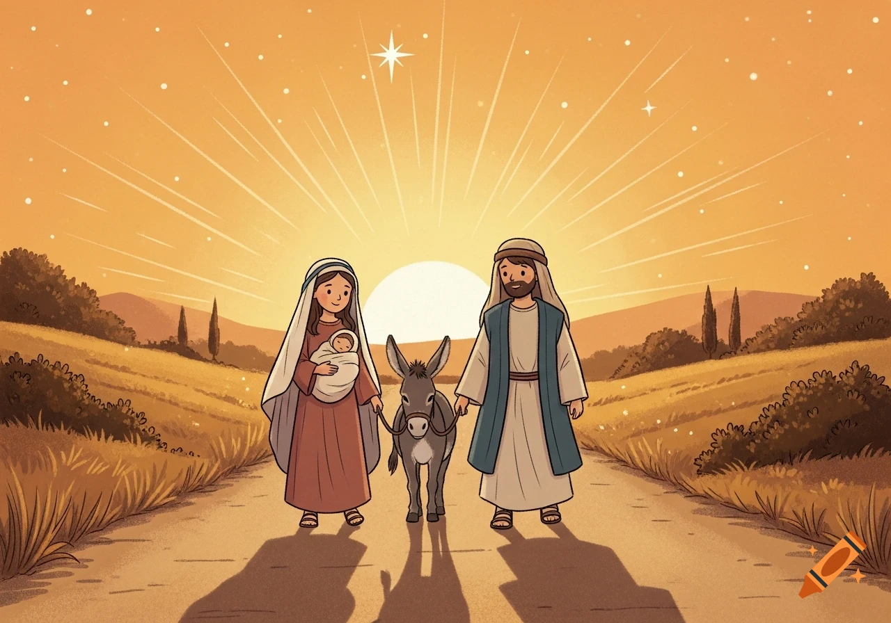 Children's book illustration of Mary, Joseph, baby, and donkey traveling on a dusty road at sunset under a star.