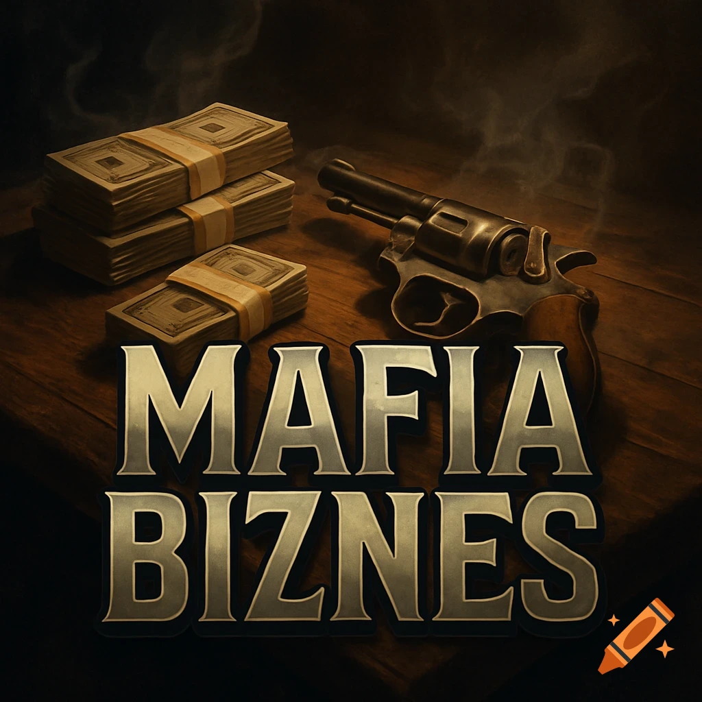 Stacks of money, a revolver, and the words "MAFIA BIZNES" on a wooden table in a dark, stylized scene.