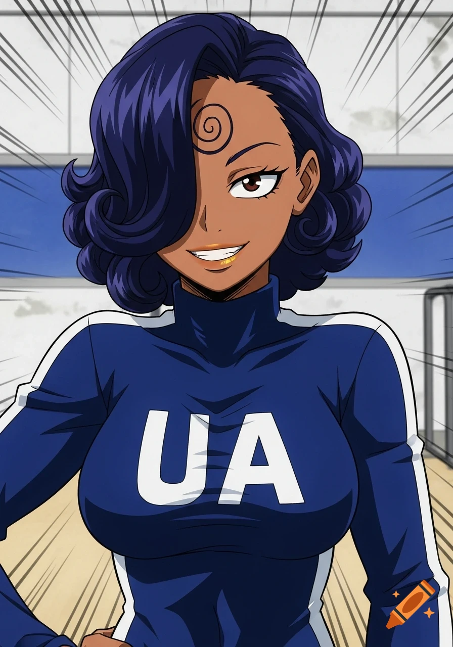 An anime-style character with dark skin, indigo curly hair, and a golden grills smile, wearing a blue UA gym uniform.