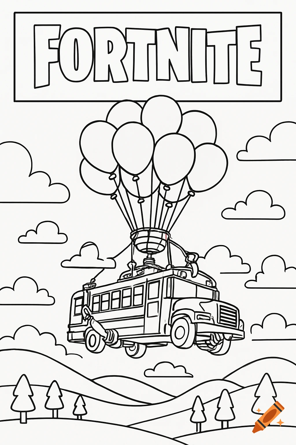 Black-and-white line art coloring page of the Fortnite Battle Bus with balloons, flying over hills and trees, with the word FORTNITE at the top.