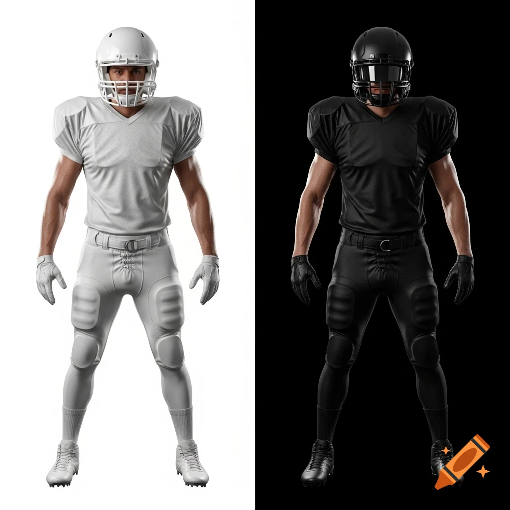 Two photorealistic American football players, one in white uniform on white background, one in black uniform on black background.