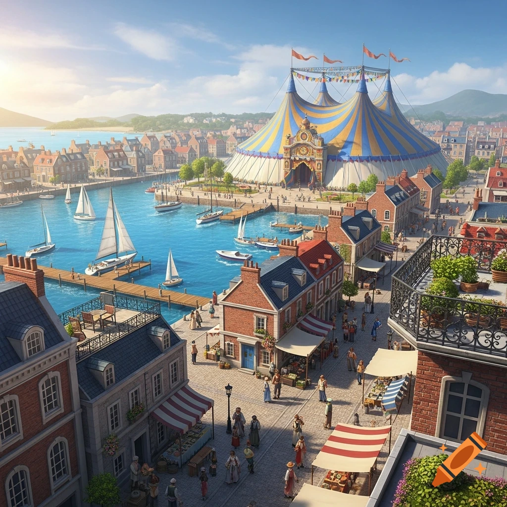 A vibrant aerial view of a seaside city with boats in a blue harbor, charming brick buildings, and a large striped circus tent.