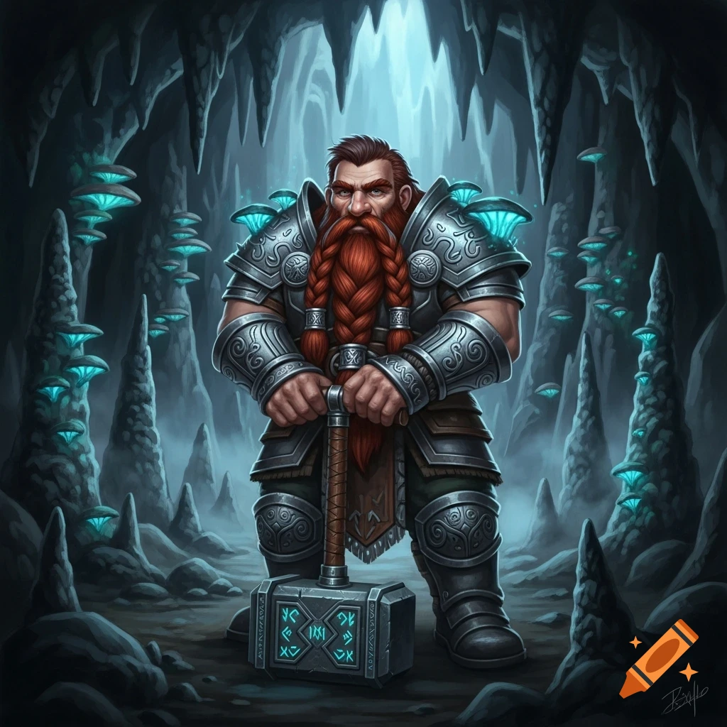 A formidable dwarf with a red braided beard, armored and holding a hammer, stands in a glowing mushroom cave.