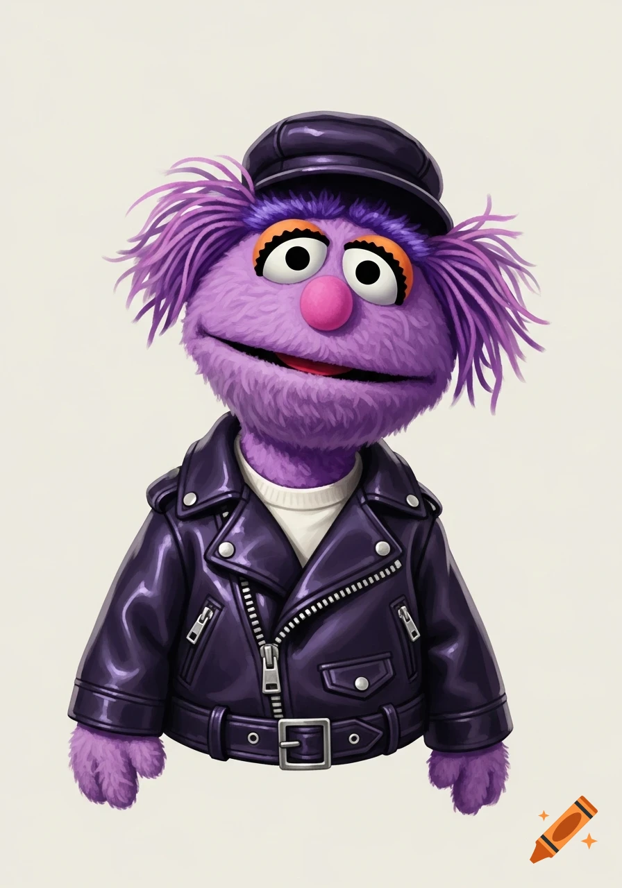 A purple muppet with a pink nose, big eyes, and spiky purple hair wears a dark purple leather jacket and cap against a plain background.