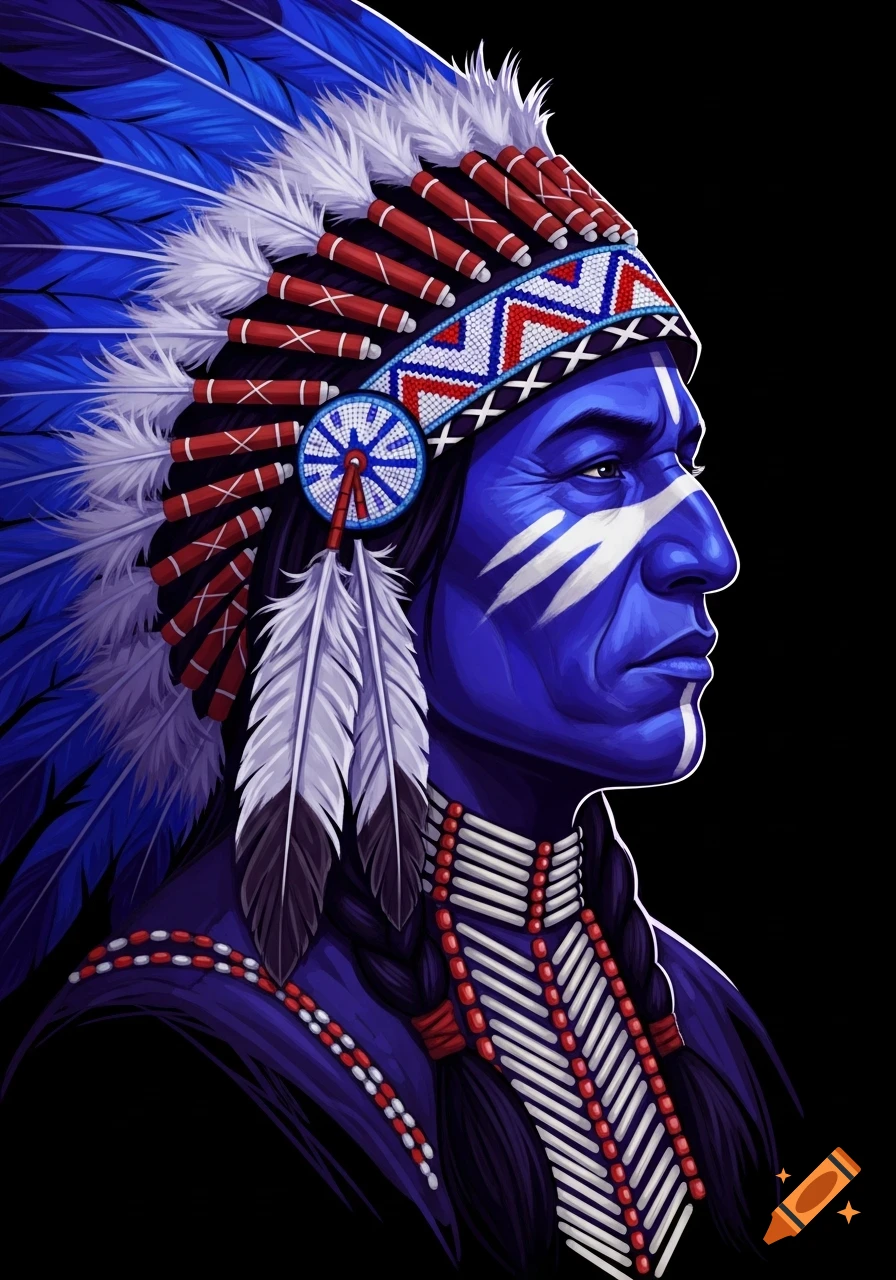 A profile portrait of a Native American man with blue skin and white tribal paint, wearing a detailed blue, red, and white feather headdress and beaded necklace, in a dramatic digital art style.
