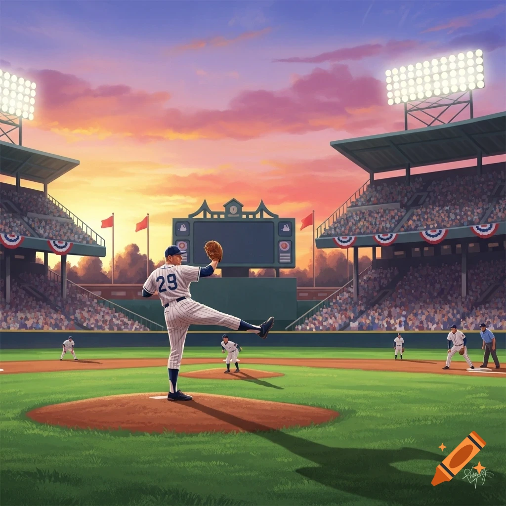 An illustrated baseball pitcher winds up on the mound in a stadium at sunset.