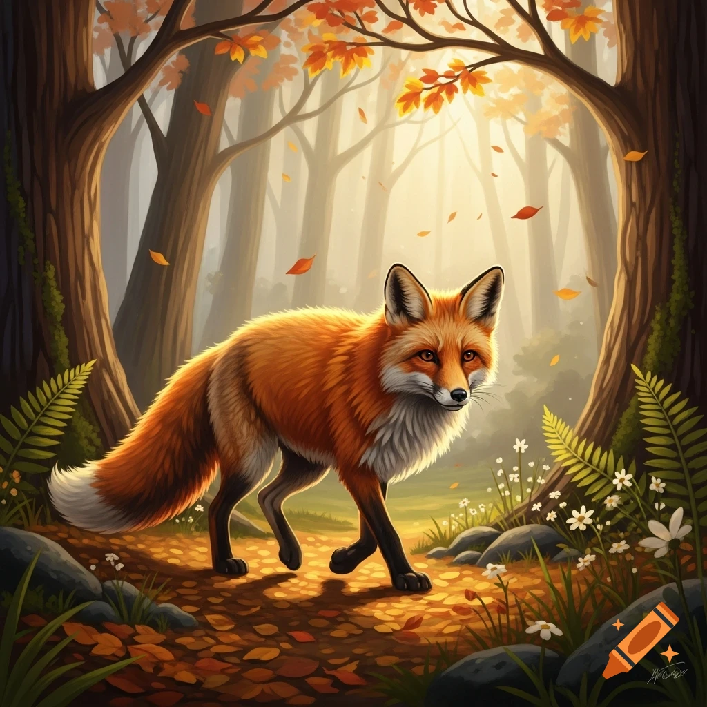 A stylized red fox walks through a sunlit autumn forest with fallen ...