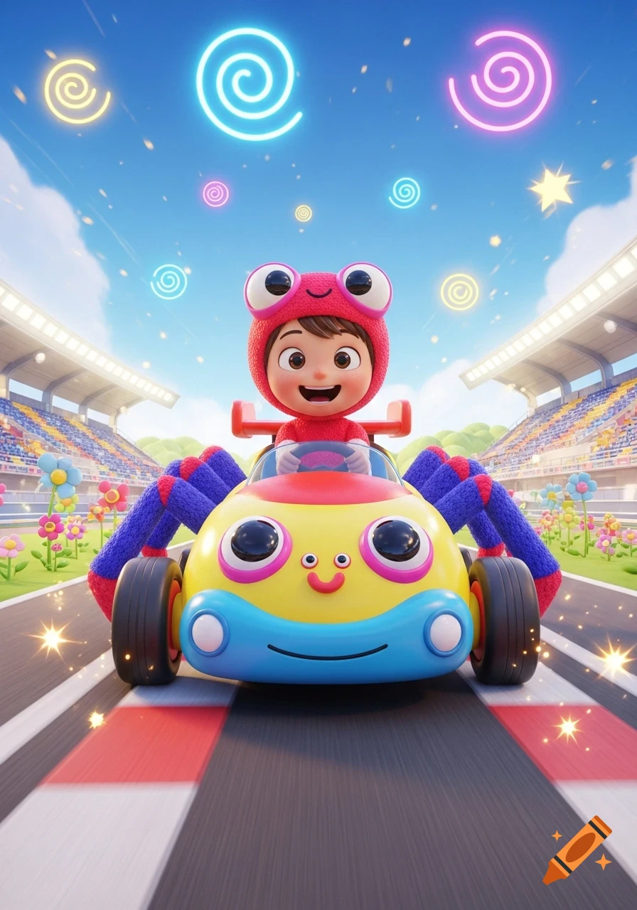 A smiling cartoon child in a red frog hat drives a colorful, smiling toy spider-car on a race track with glowing spirals in the sky.