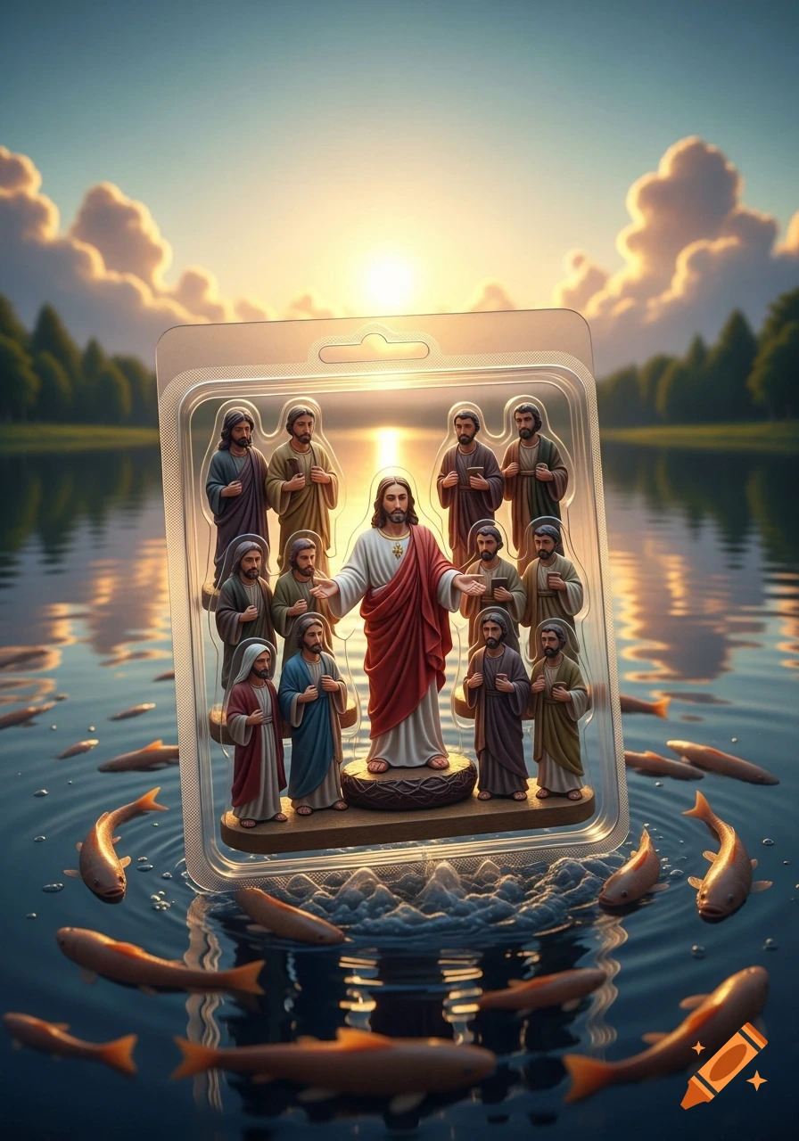 Photorealistic image of Jesus and his twelve disciples as figurines in a clear blister pack, floating on a lake surrounded by fish at sunset.