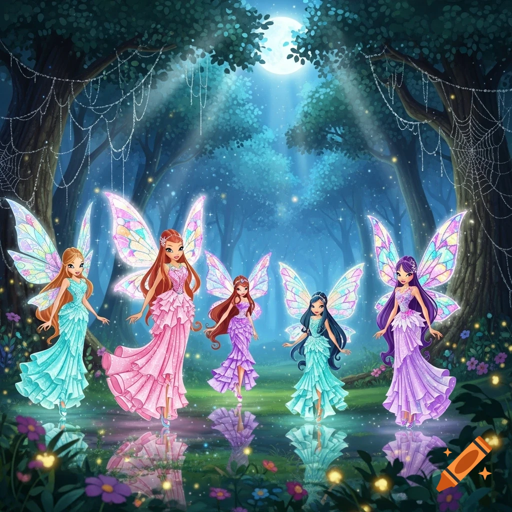 Five colorful fairies with iridescent wings stand in a magical moonlit forest, reflected in shallow water amidst glowing flowers.
