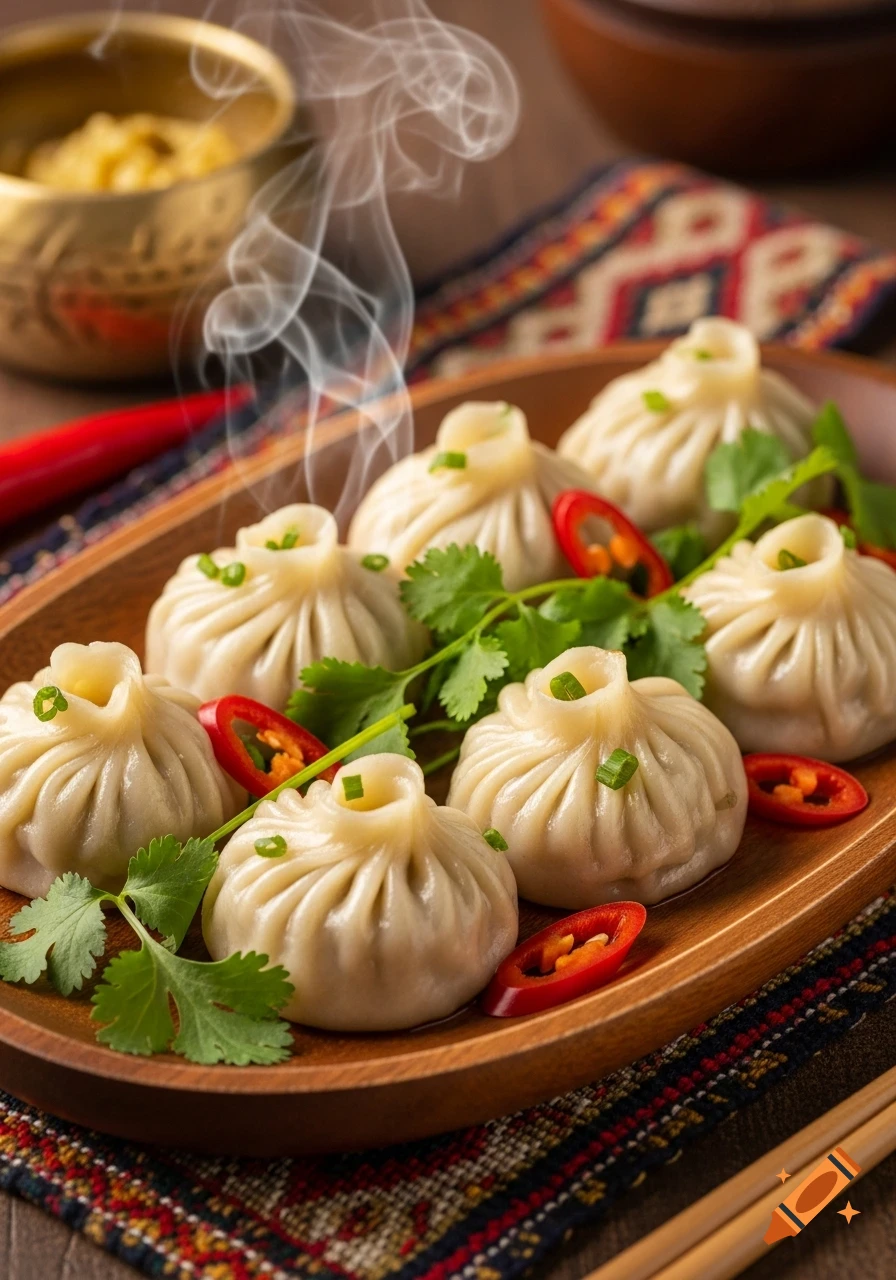 A wooden plate filled with steaming momos garnished with cilantro and red chili slices, set on a colorful patterned mat.