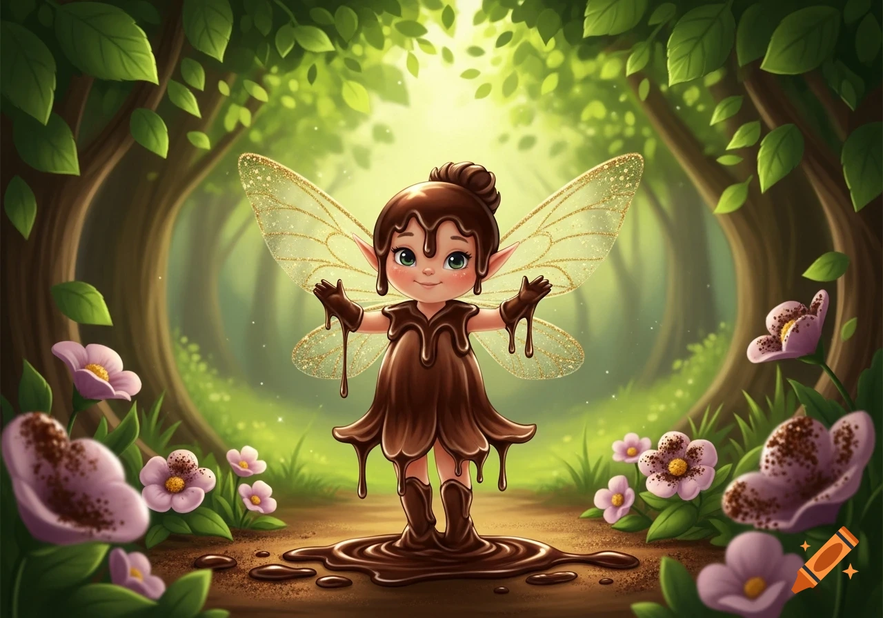 A cute cartoon fairy, covered in dripping chocolate with glittery wings, stands on a forest path surrounded by green trees and pink flowers.
