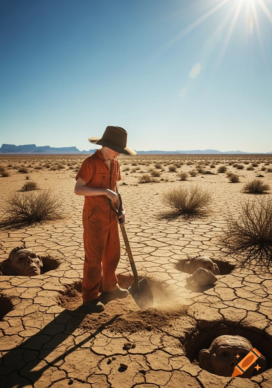 A boy in an orange jumpsuit and hat digs a hole in a cracked desert, surrounded by other holes with large, unsettling faces buried in them.